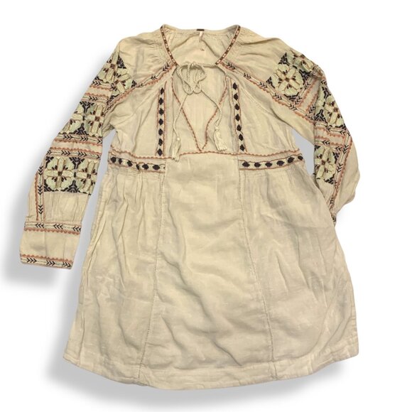 Free People Women’s Dress Ivory Floral Embroidered Tunic Pockets Deep Neck Sz M - Picture 1 of 7